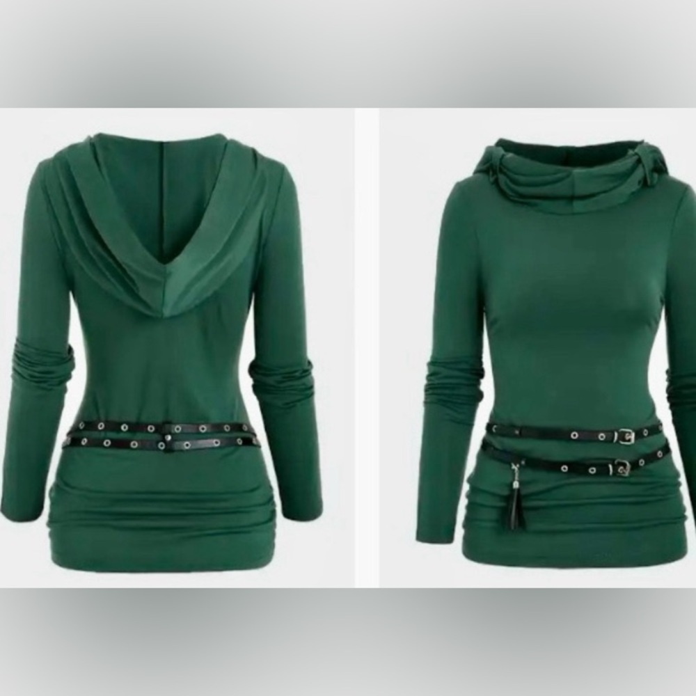 NWT TEMU Green Ruffled Double Belt Hoodie Fashion with Long Sleeve- X-Large